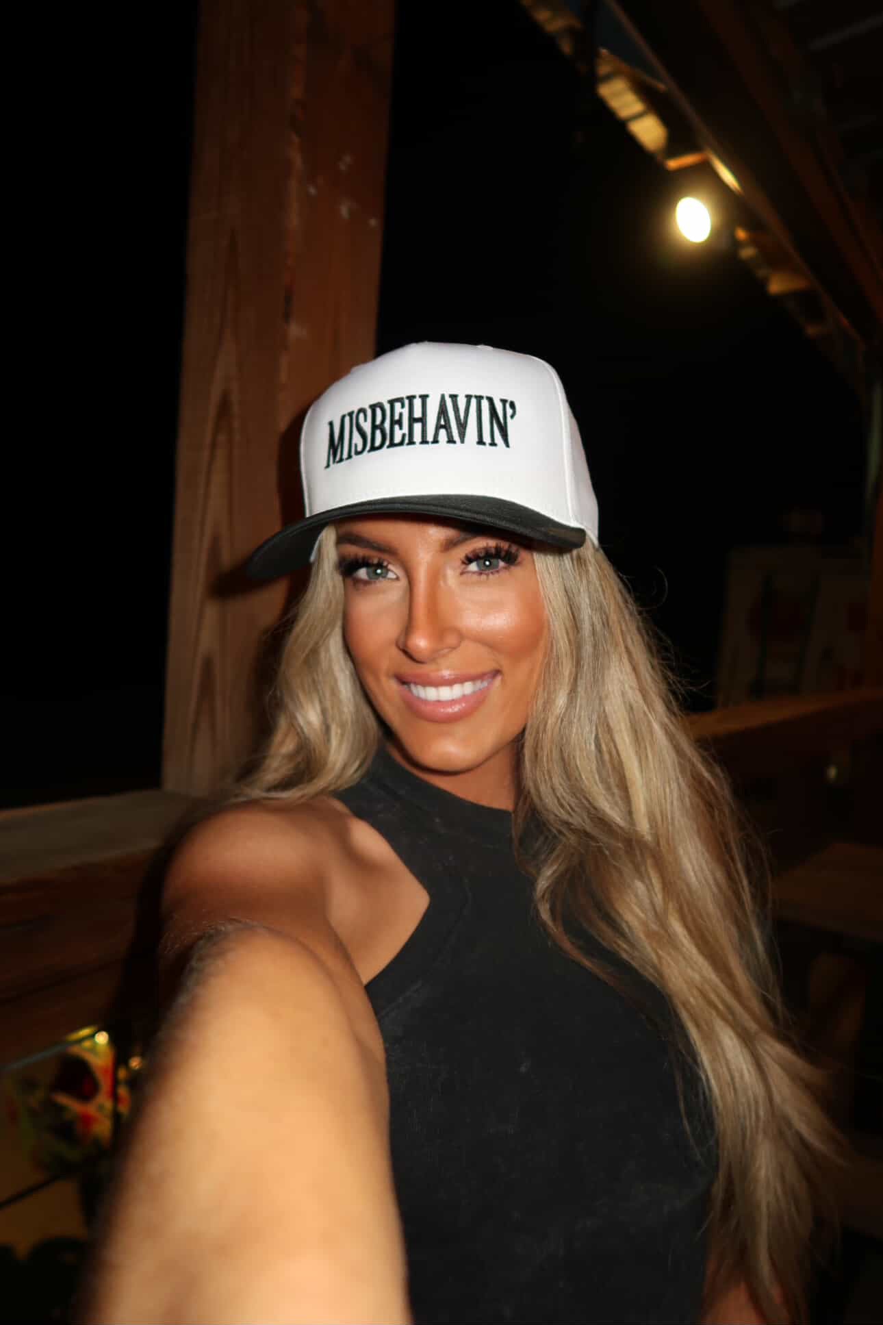 Miss Behavin\' Embroidered Trucker Hat - White & Black with Red Script Miss Behavin\ main image 3