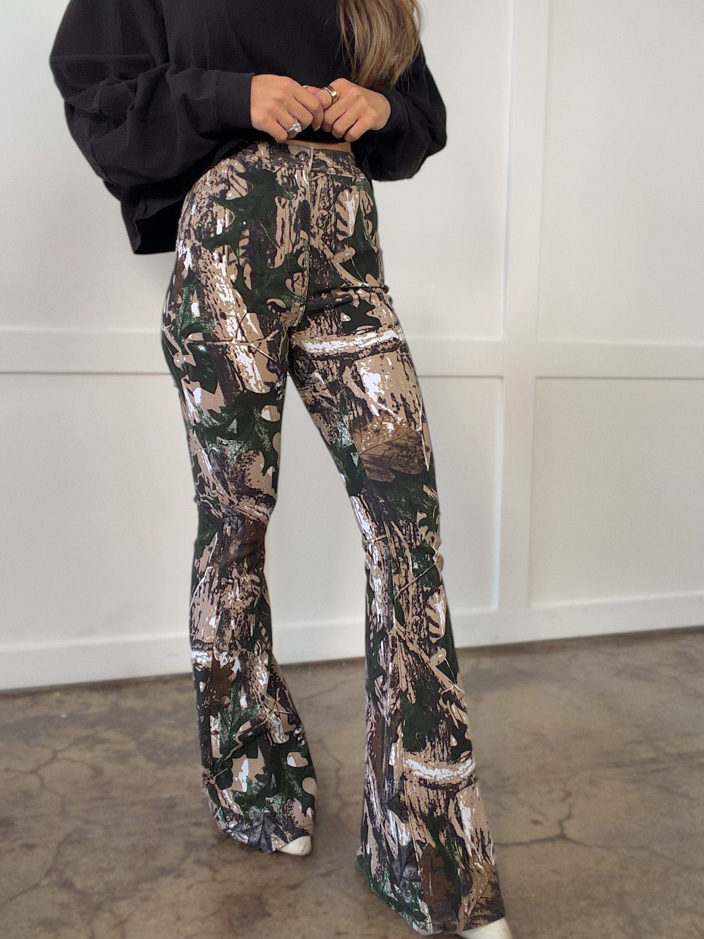Fiona High Waisted Bell Bottom Flare Jeans - Camo