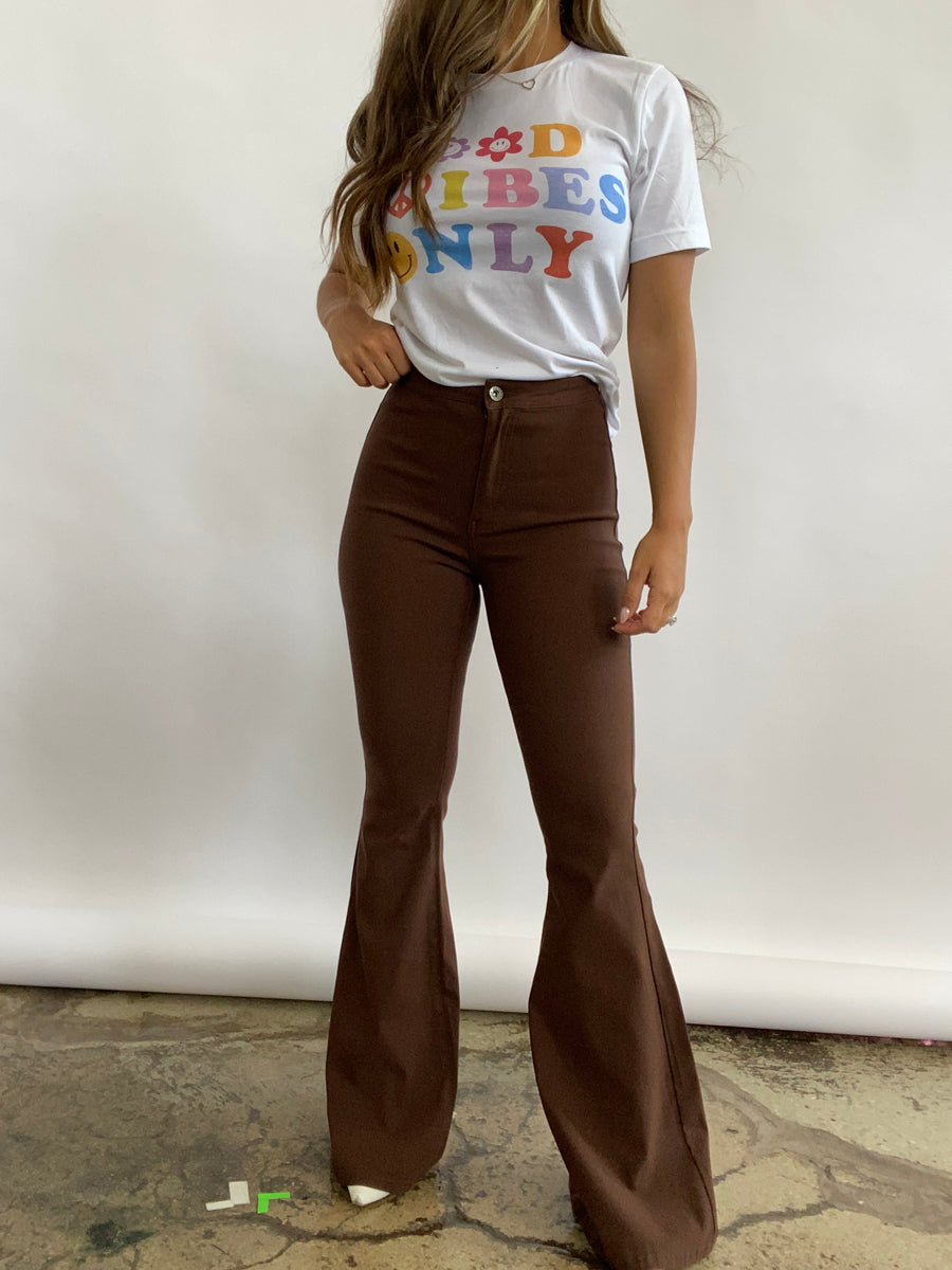 Fiona High Waisted Bell Bottom Flare Jeans - Chocolate Brown