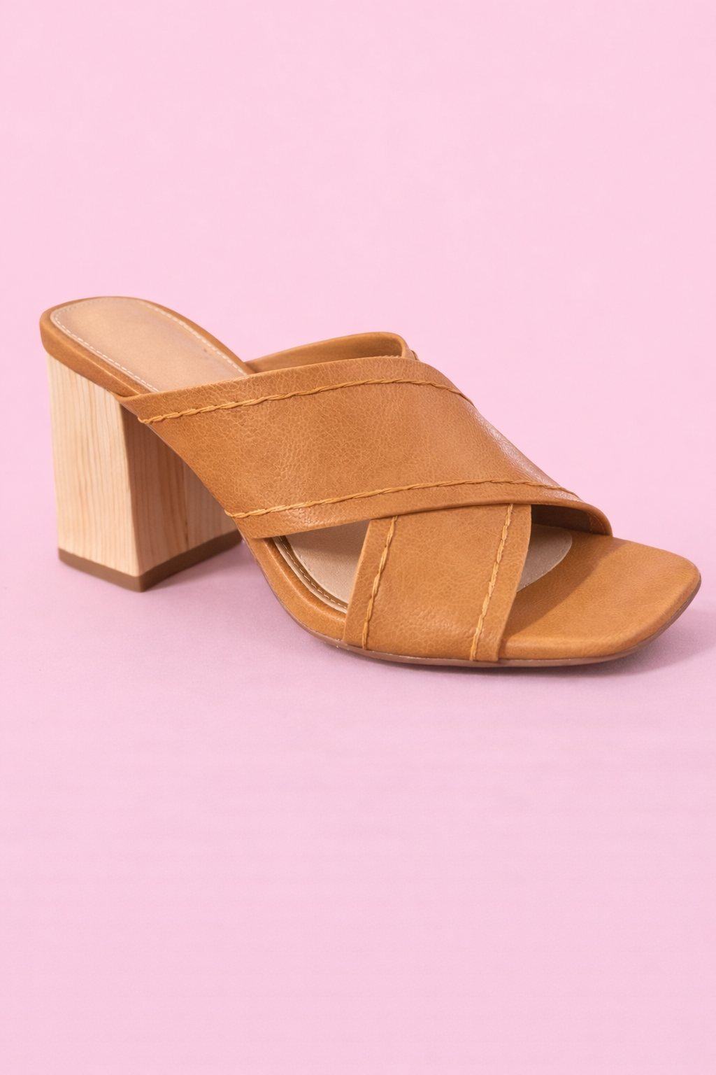 Jade Cross Strap Wooden Heel - Tan