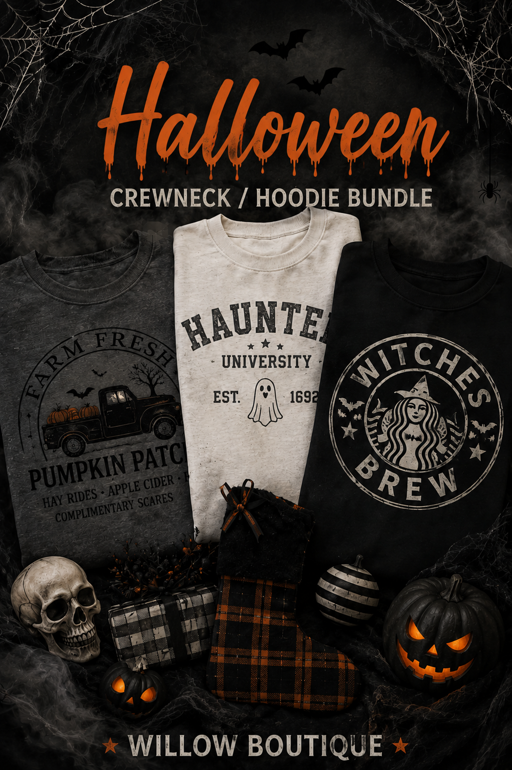 Halloween-themed merchandise bundle including t-shirts and a hoodie with text and graphics on a dark background.