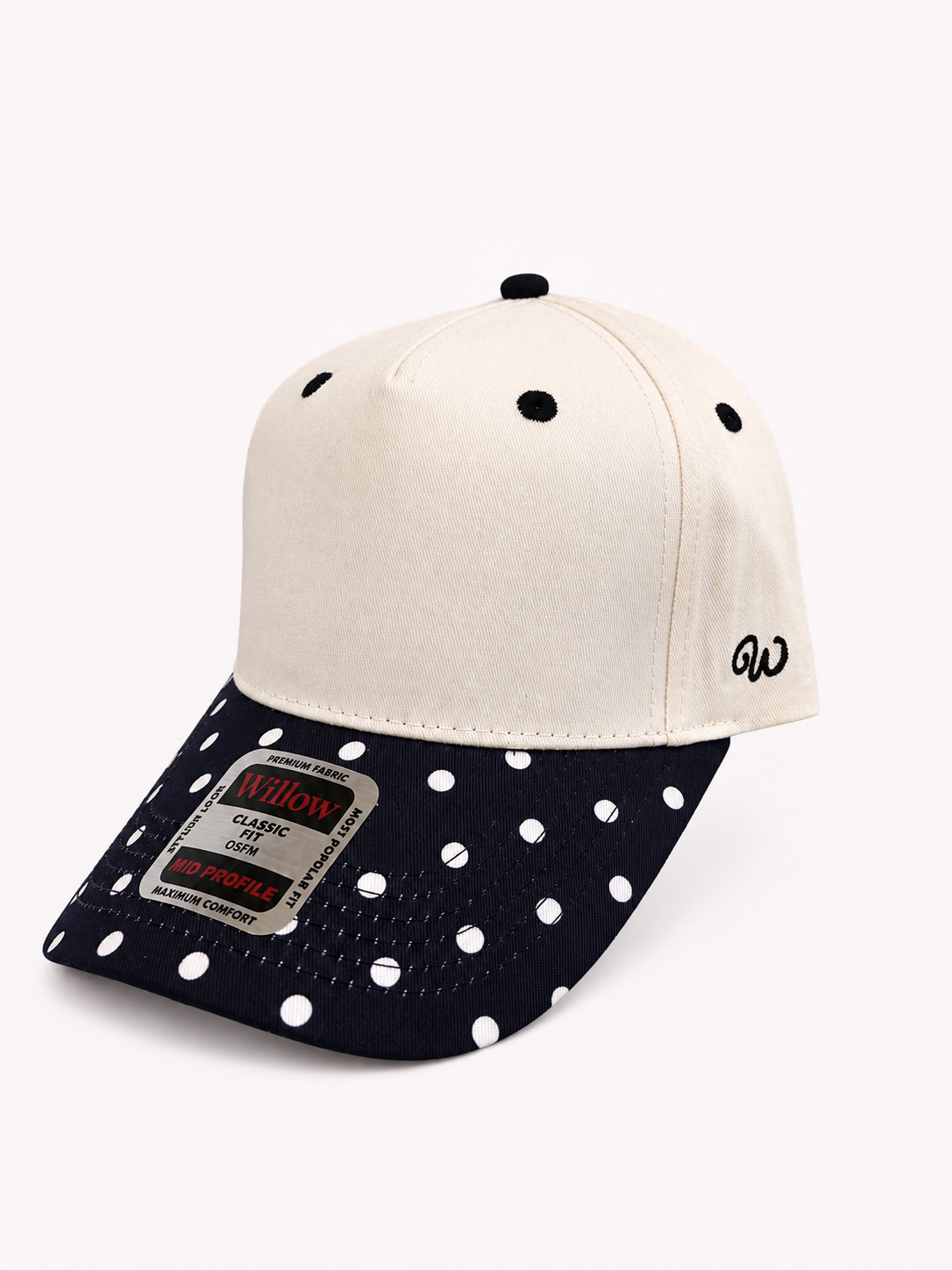 Cap with white top and navy polka dot brim on a white background