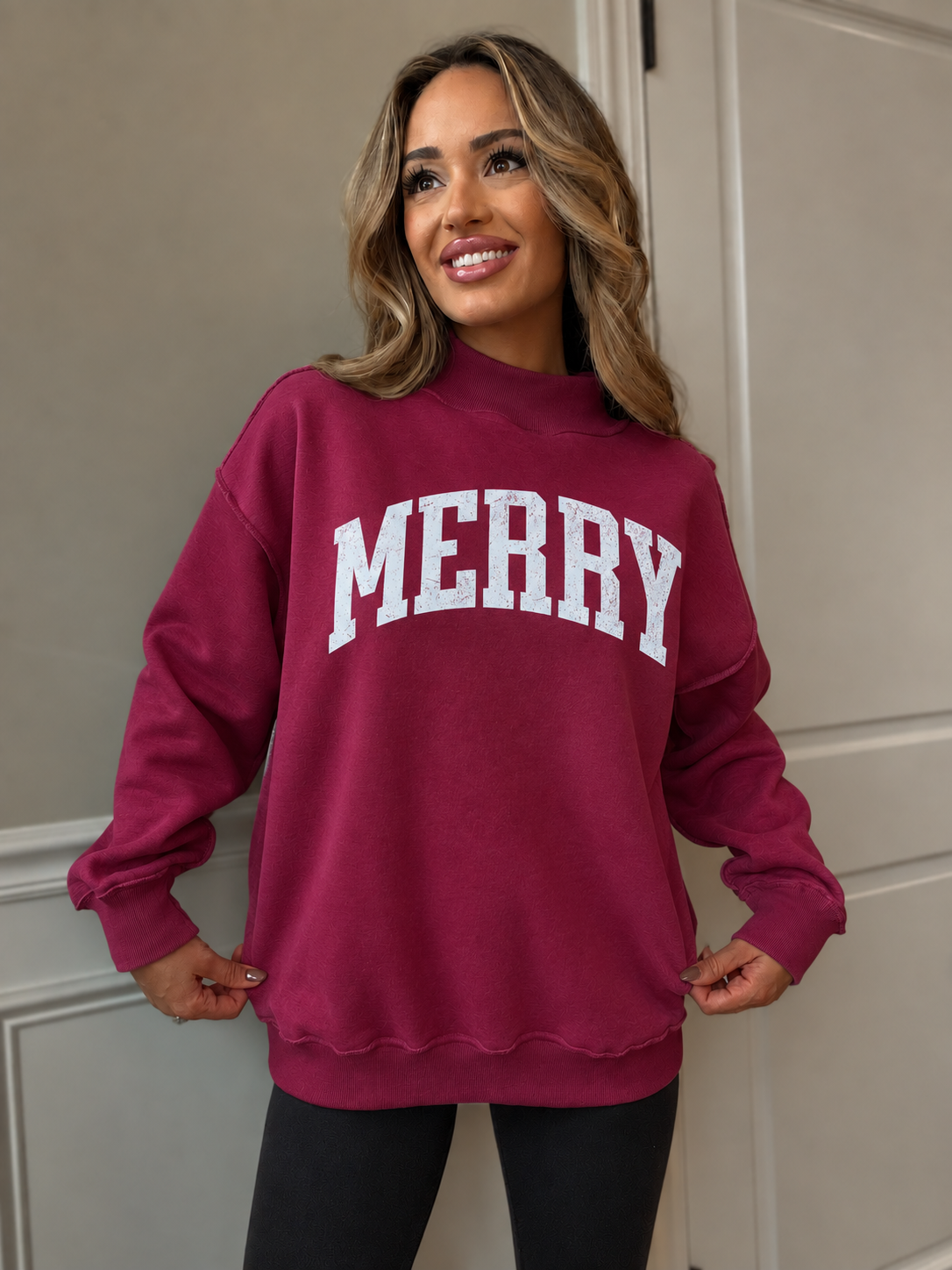 Merry Tilly Maroon Reversible Oversized Mockneck Crew
