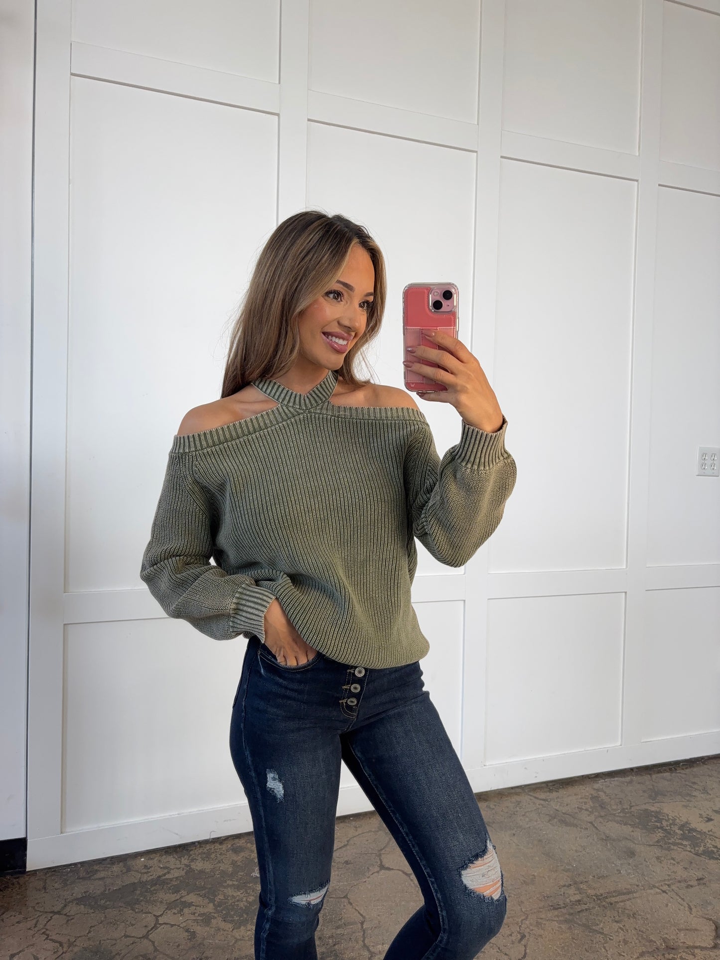 Zoey Mineral Washed Cold Shoulder Sweater