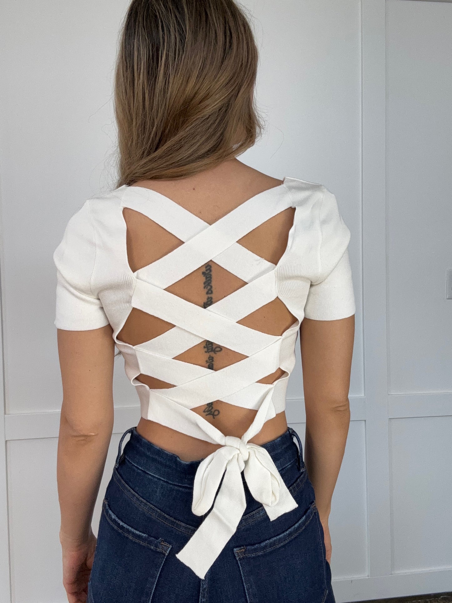 Shop Kerrigan Back Lace-up Short Sleeve Cropped Sweater online at Willow Boutique – best boutique for women’s fashion.
