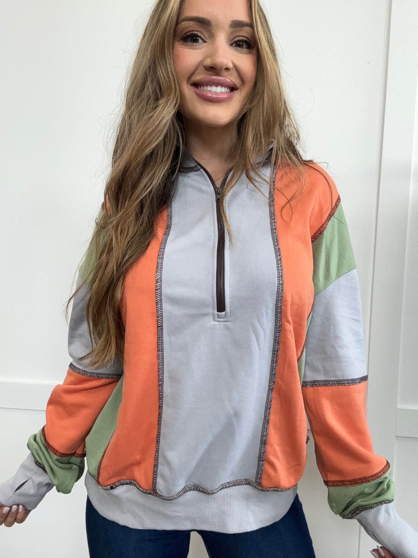 PREORDER: Block Party Exposed Seam Color Block Long Sleeve Sweatshirt