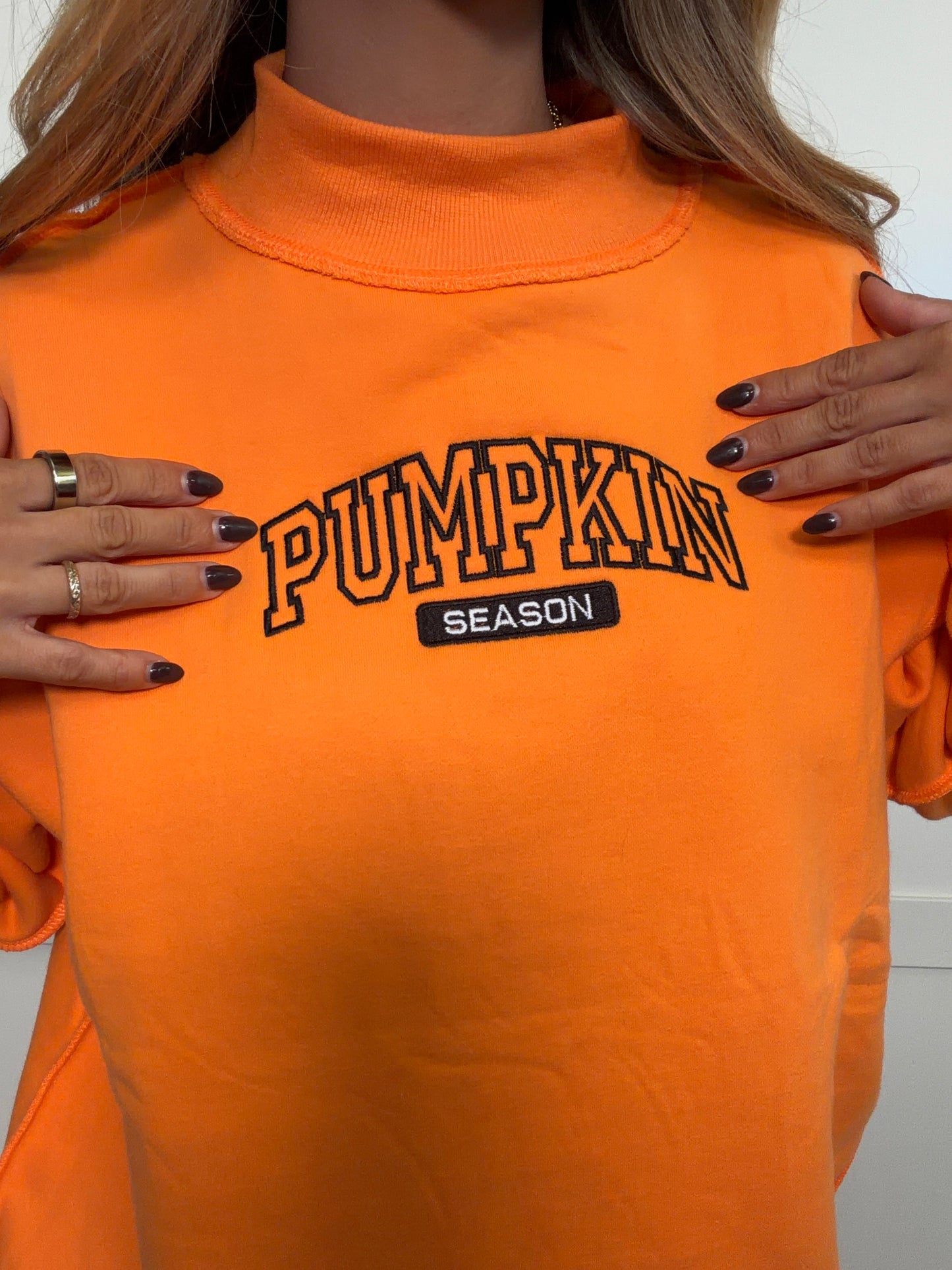 Pumpkin Season Embroidered Tilly Orange Reversible Oversized Mockneck Crew