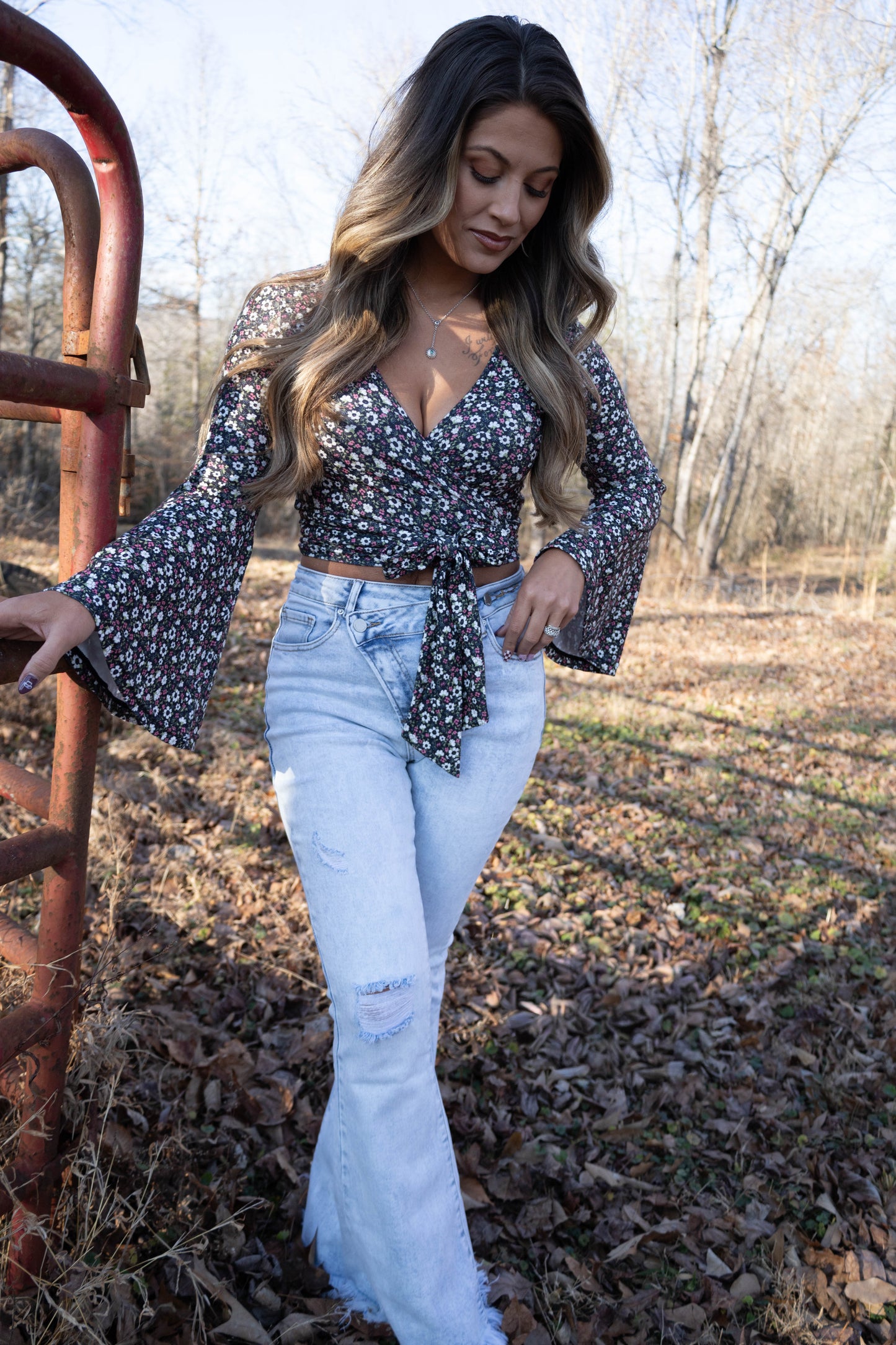 Woodstock Floral Bell Sleeve Wrap Top - Midnight Meadow