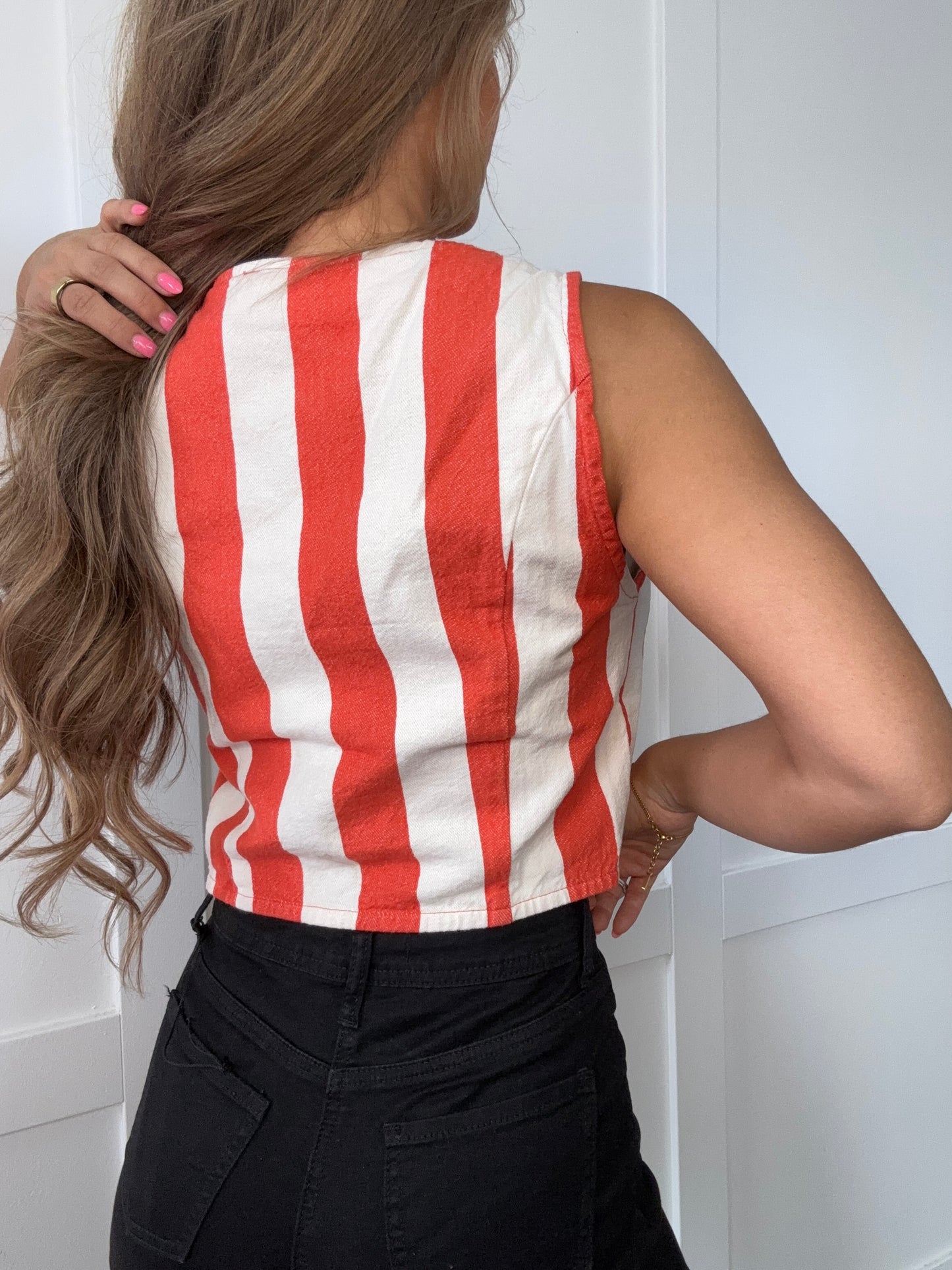 Poppy Woven Striped V-Neck Button Down Vest