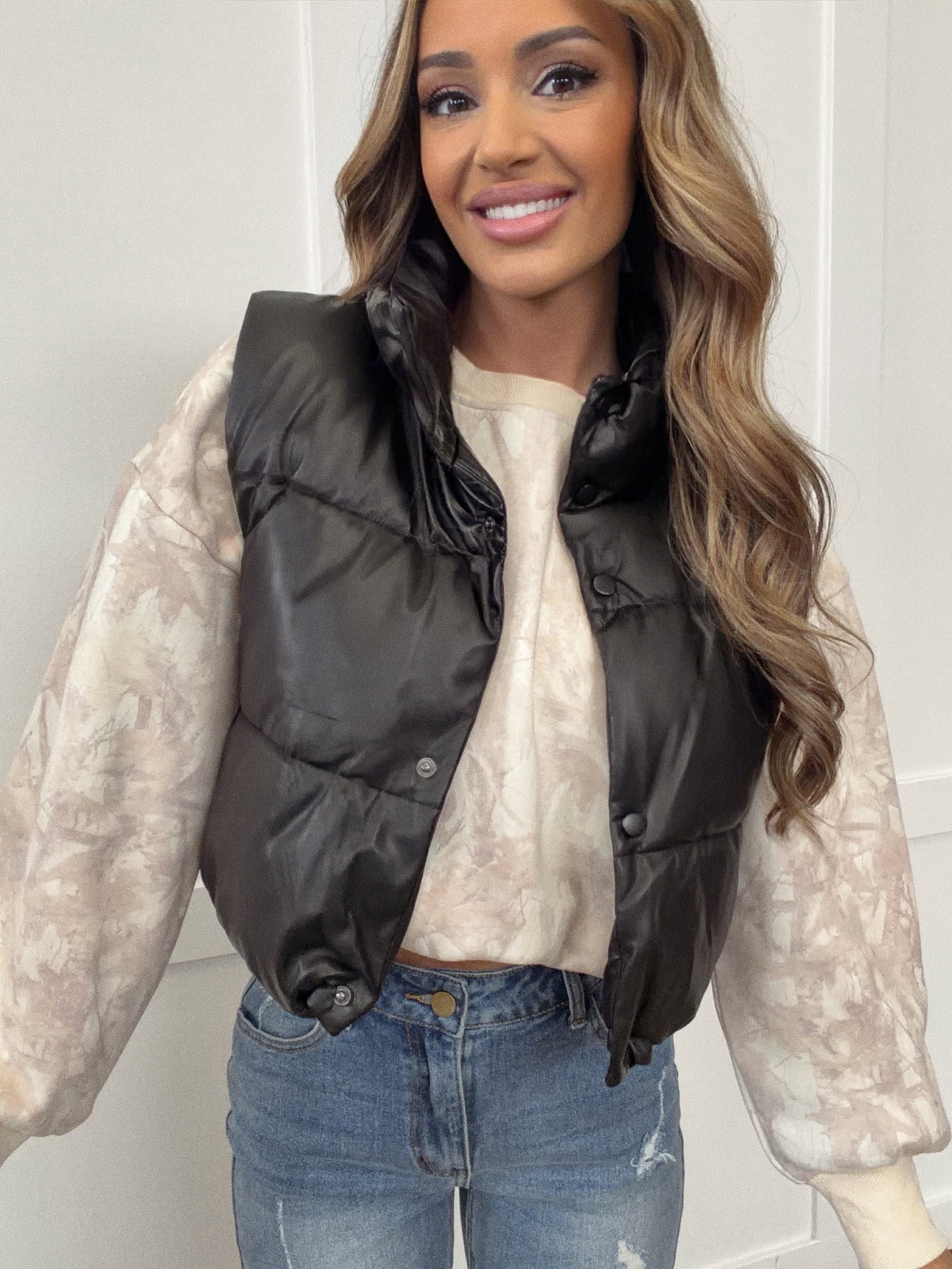 Cropped Black PU Faux Leather Puffer Vest