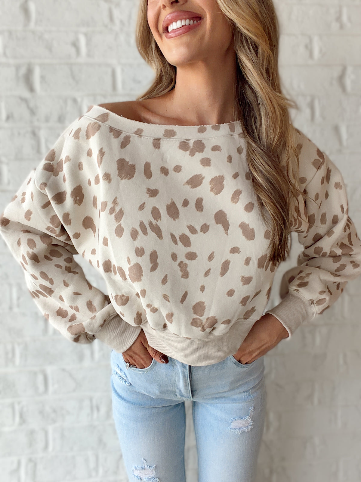 Billie Deer Print Off The Shoulder Crewneck