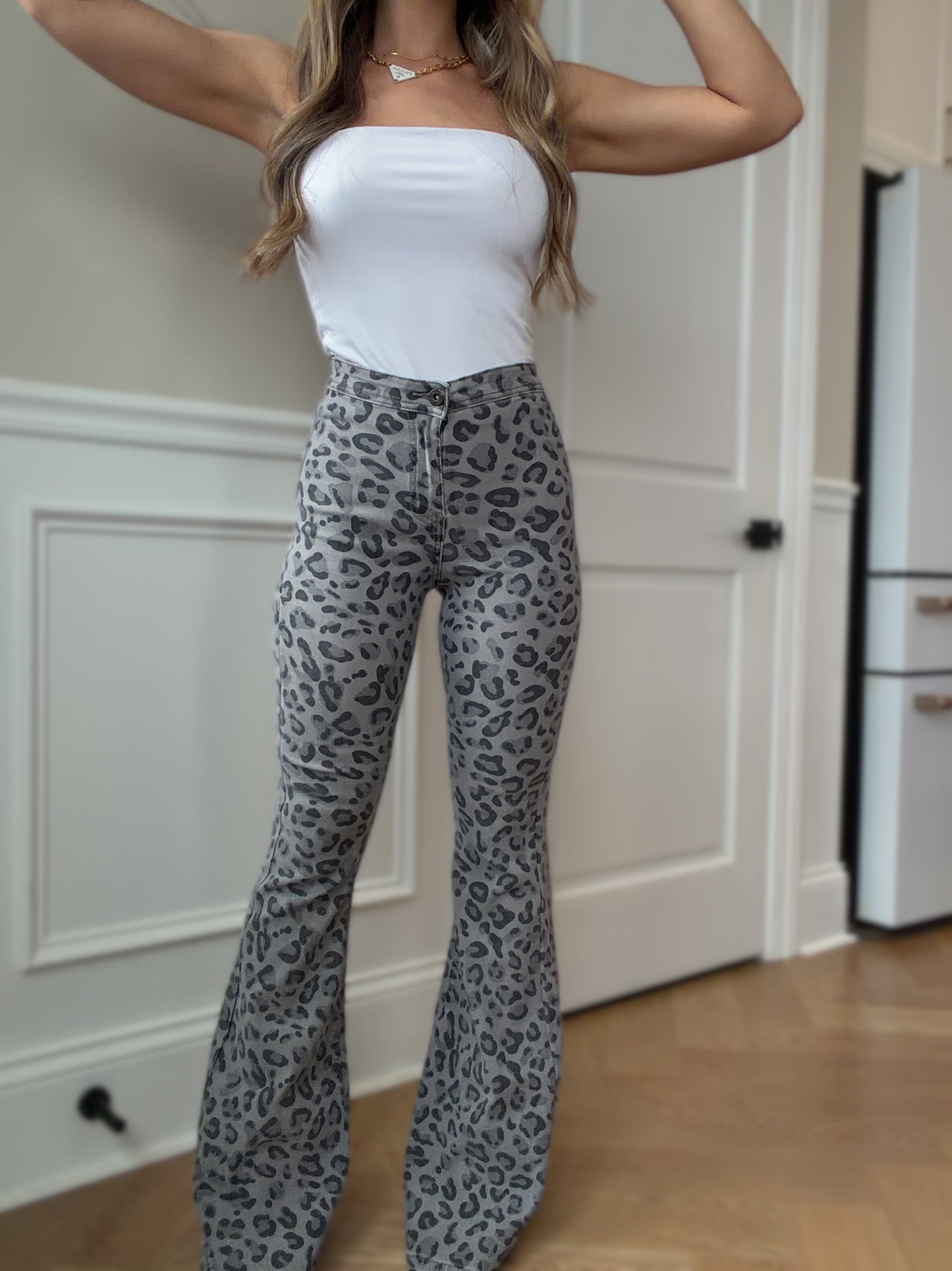 PREORDER: Fiona High Waisted Bell Bottom Flare Jeans - Grey Leopard