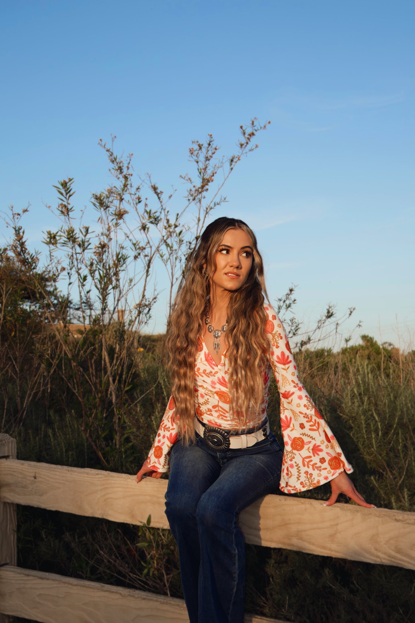 Woodstock Floral Bell Sleeve Wrap Top - Sunset Petals