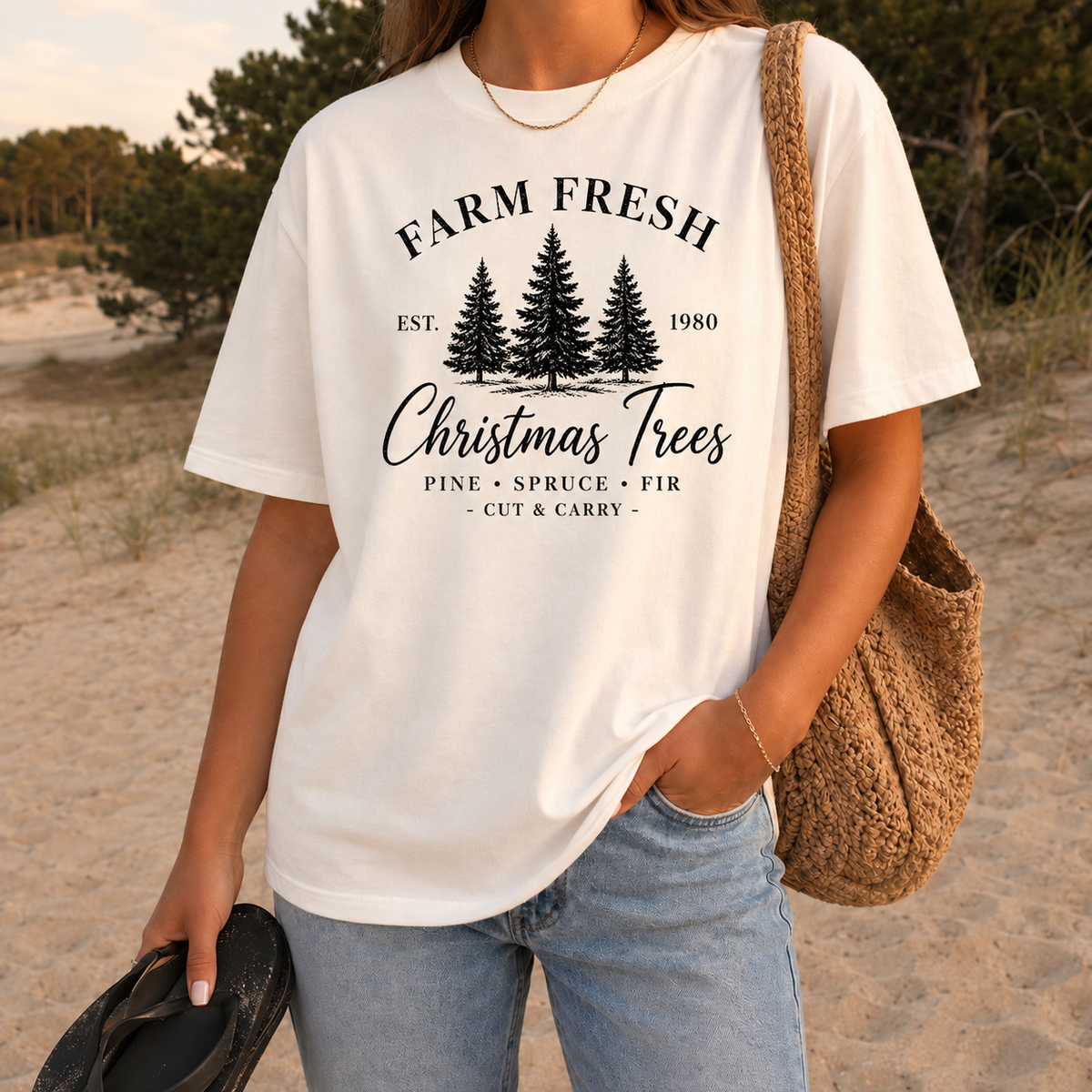 Farm Fresh Evergreen Christmas Trees Graphic — Ivory T-Shirt