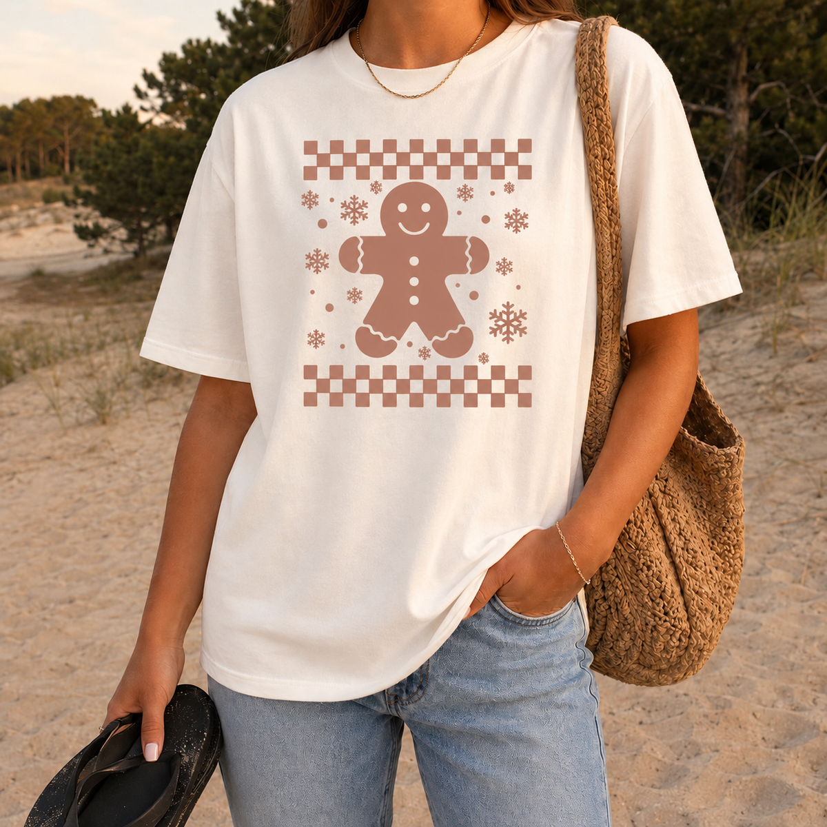 Gingerbread Checkerboard Graphic — Ivory T-Shirt