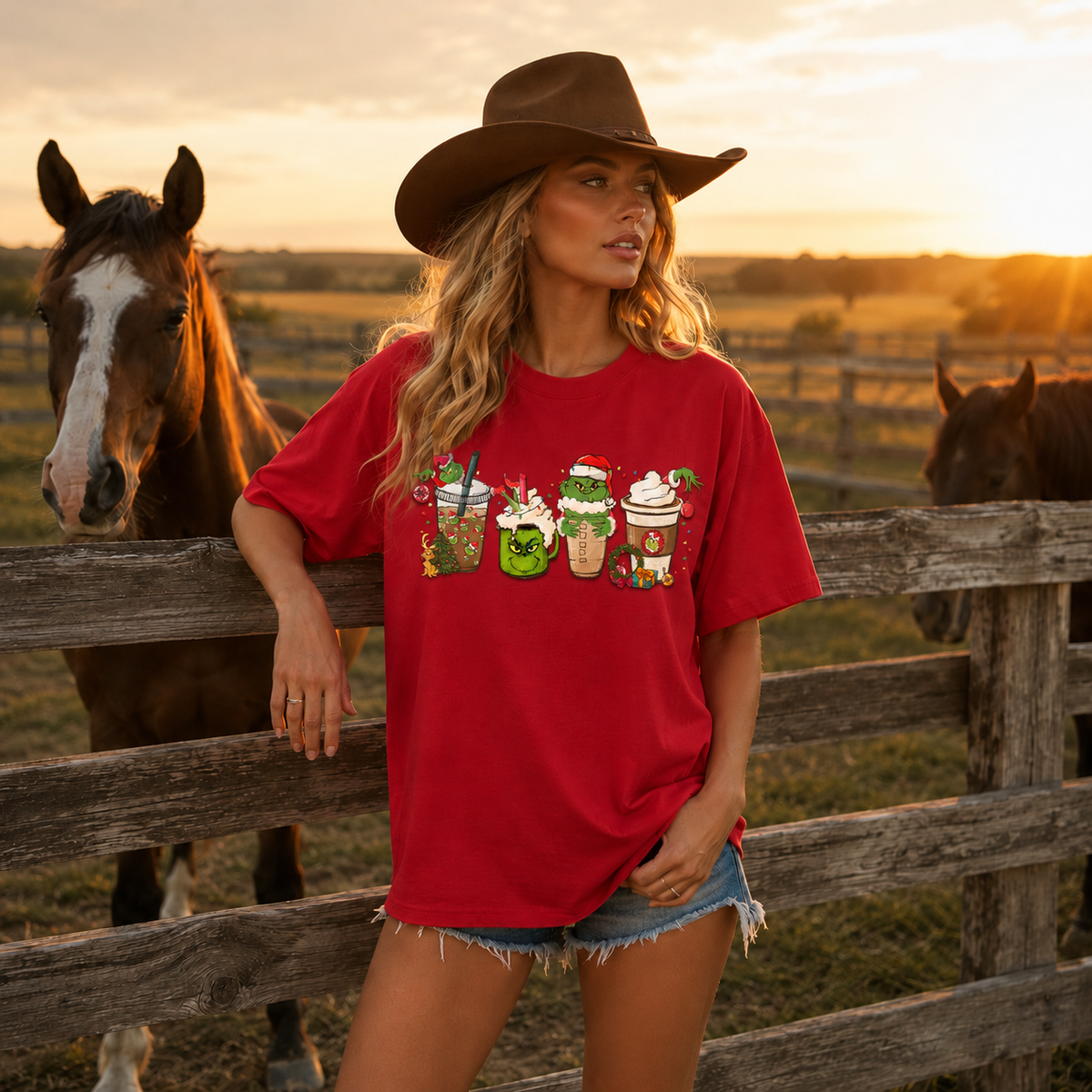 Grinch Christmas Coffee Cups Graphic — Red T-Shirt