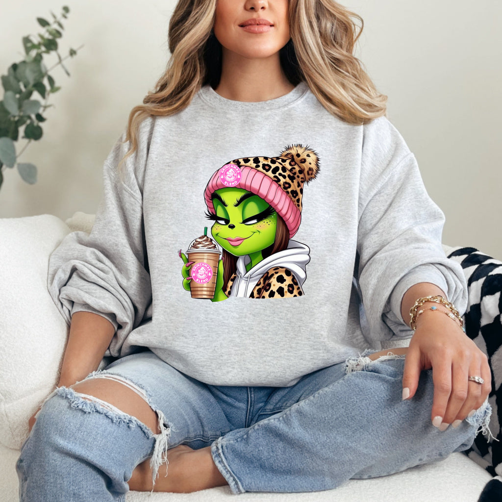 Grinch Girl Coffee Graphic - Ash/Heather Grey Crewneck on model