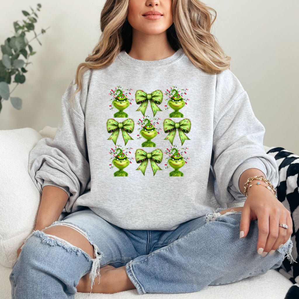Grinch Rows of Bows Graphic - Ash/Heather Grey Crewneck on model