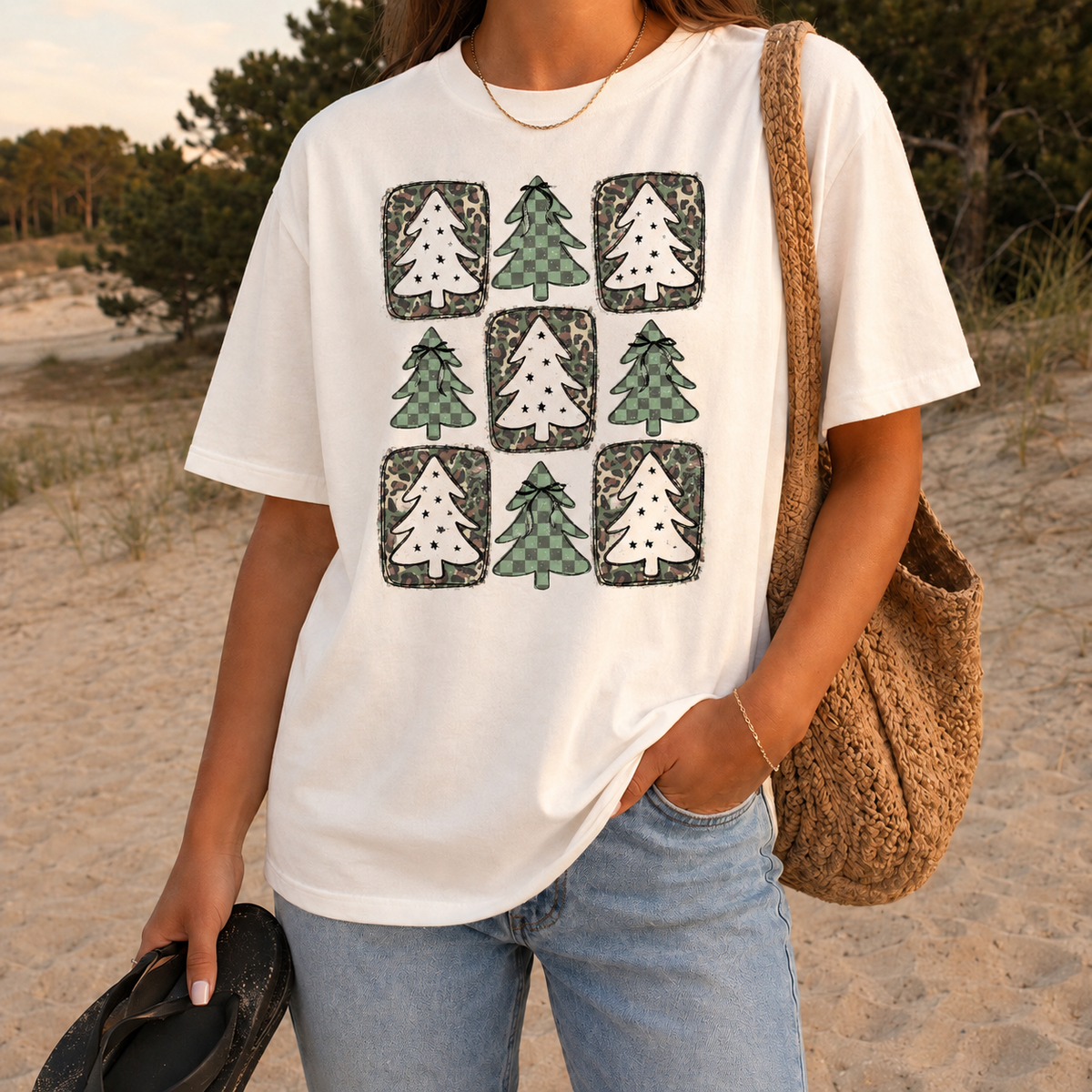 Leopard and Camo Christmas Trees Graphic — Ivory T-Shirt