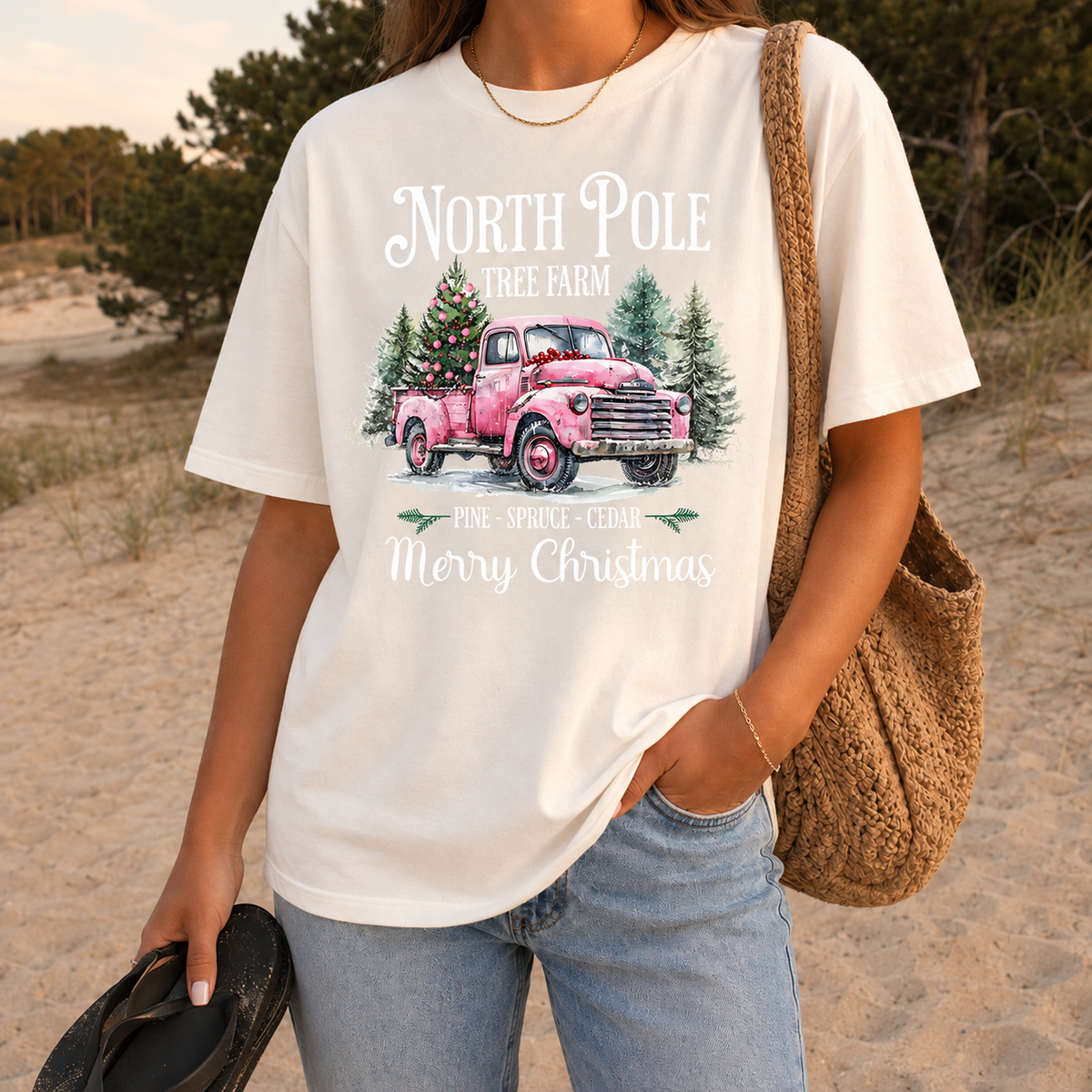 North Pole Tree Farm Pink Truck Graphic — Ivory T-Shirt