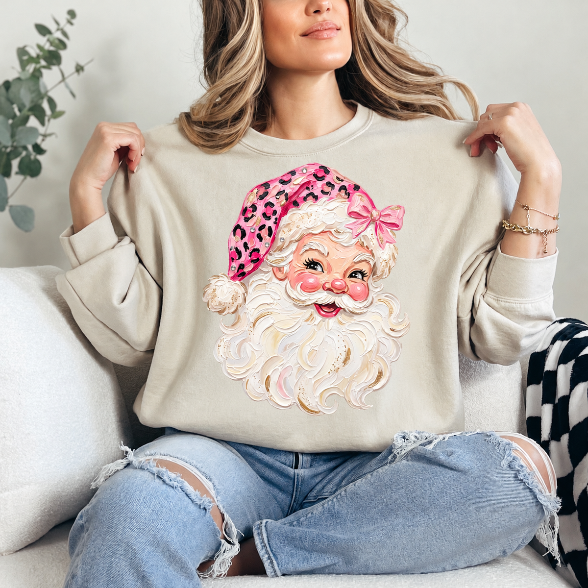 Pink Leopard Bow Santa Crewneck — Sand