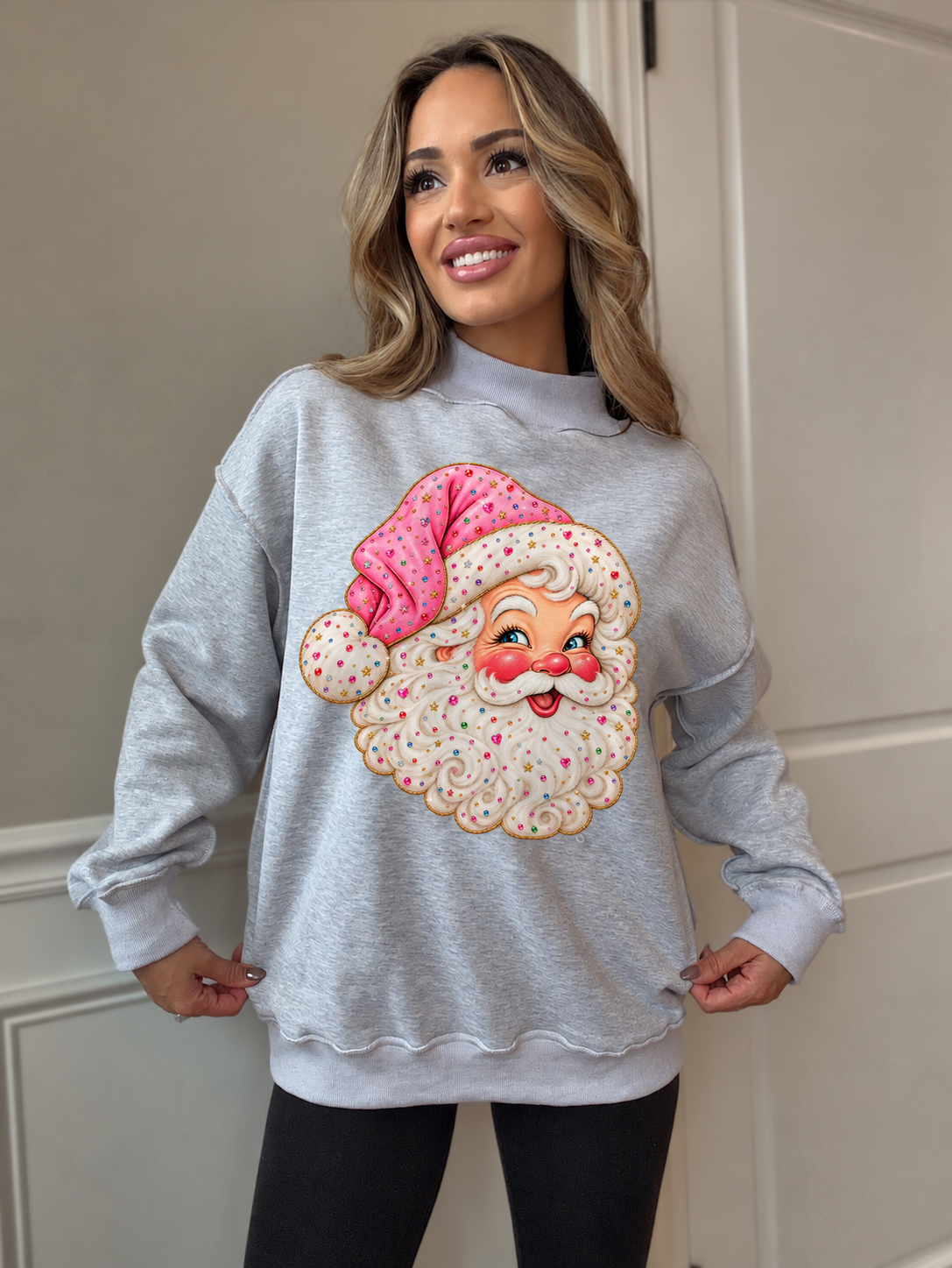 Tilly Pink Gem Santa Oversized Mockneck Crew — Grey