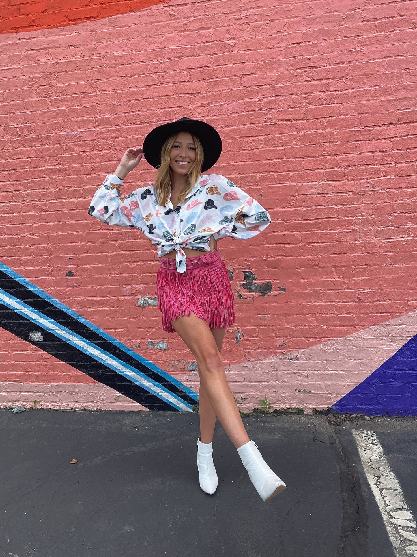 Nashville Babe Rhinestone Fringe Mini Skirt- Pink