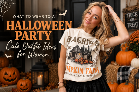 Woman wearing a casual Halloween outfit with a graphic T-shirt and black skirt at a festive pumpkin decorated party.