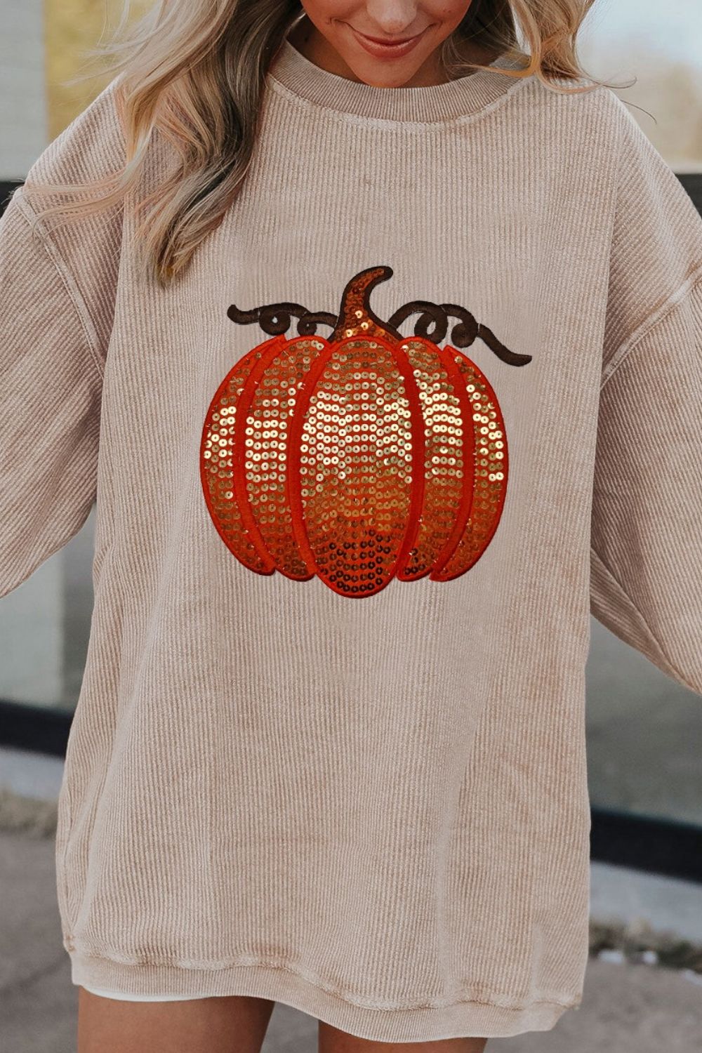 PREORDER: Trick Or Treat Sequin Pumpkin Round Neck Long Sleeve Sweatshirt