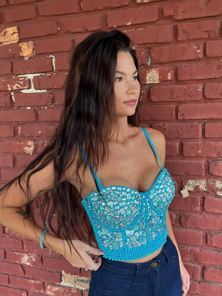 Paloma Pearl & Rhinestone Cropped Bustier Top - Blue