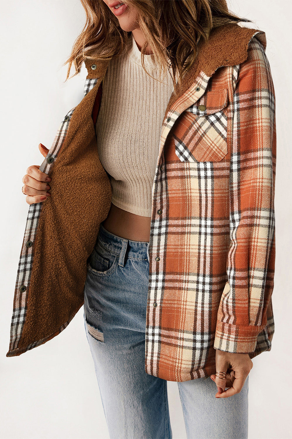 PREORDER: Cozy Goals Plaid Snap Down Hooded Jacket