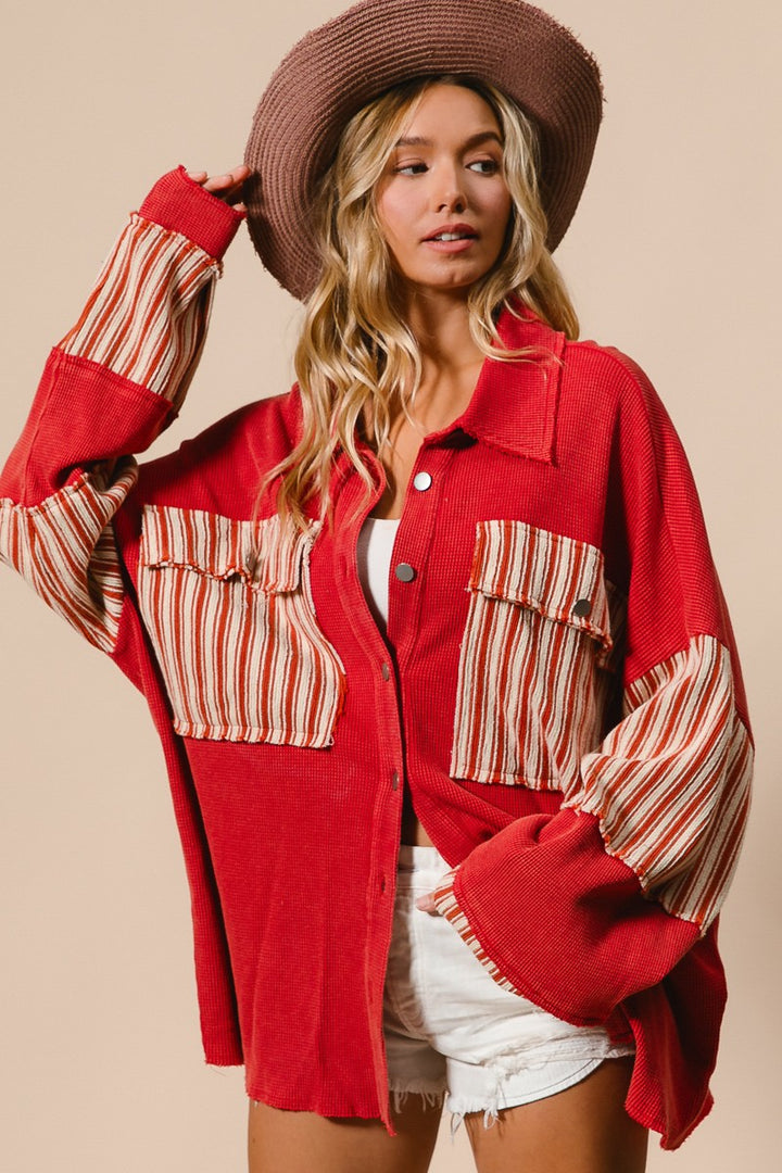 Peppermint Bliss Striped Waffle-Knit Thermal Shacket