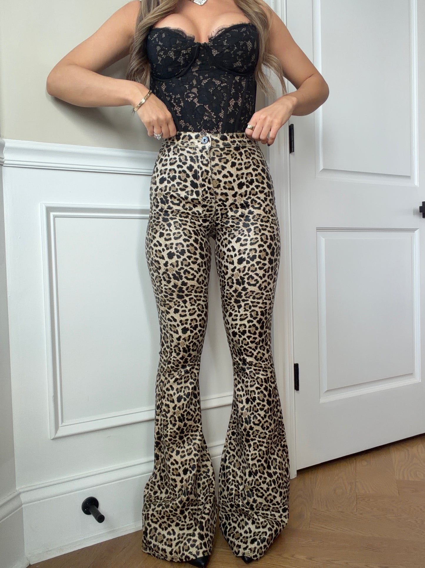 Fiona High Waisted Bell Bottom Flare Jeans - Sand Brown PU Leather Leopard