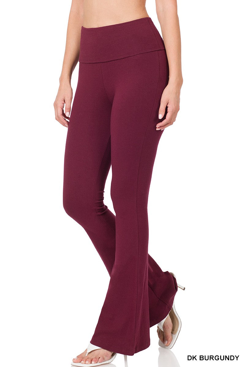 Fold Over Cotton Yoga Pants - Dark Burgundy