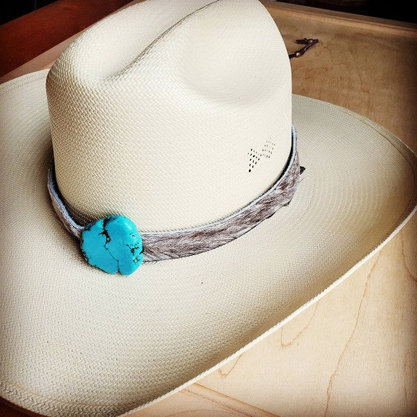 Hair-on-Hide Leather Hat Band w/ Turquoise Slab