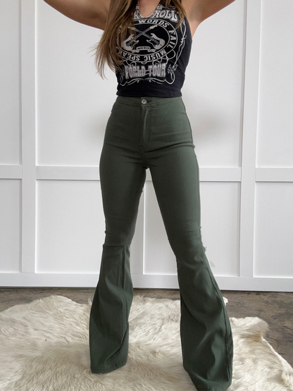 Buy our "Fiona High Waisted Bell Bottom Flare Jeans - Olive" online – Willow Boutique Clothing. Shop stylish Fiona High Waisted Bell Bottom Flare Jeans - Olive today.