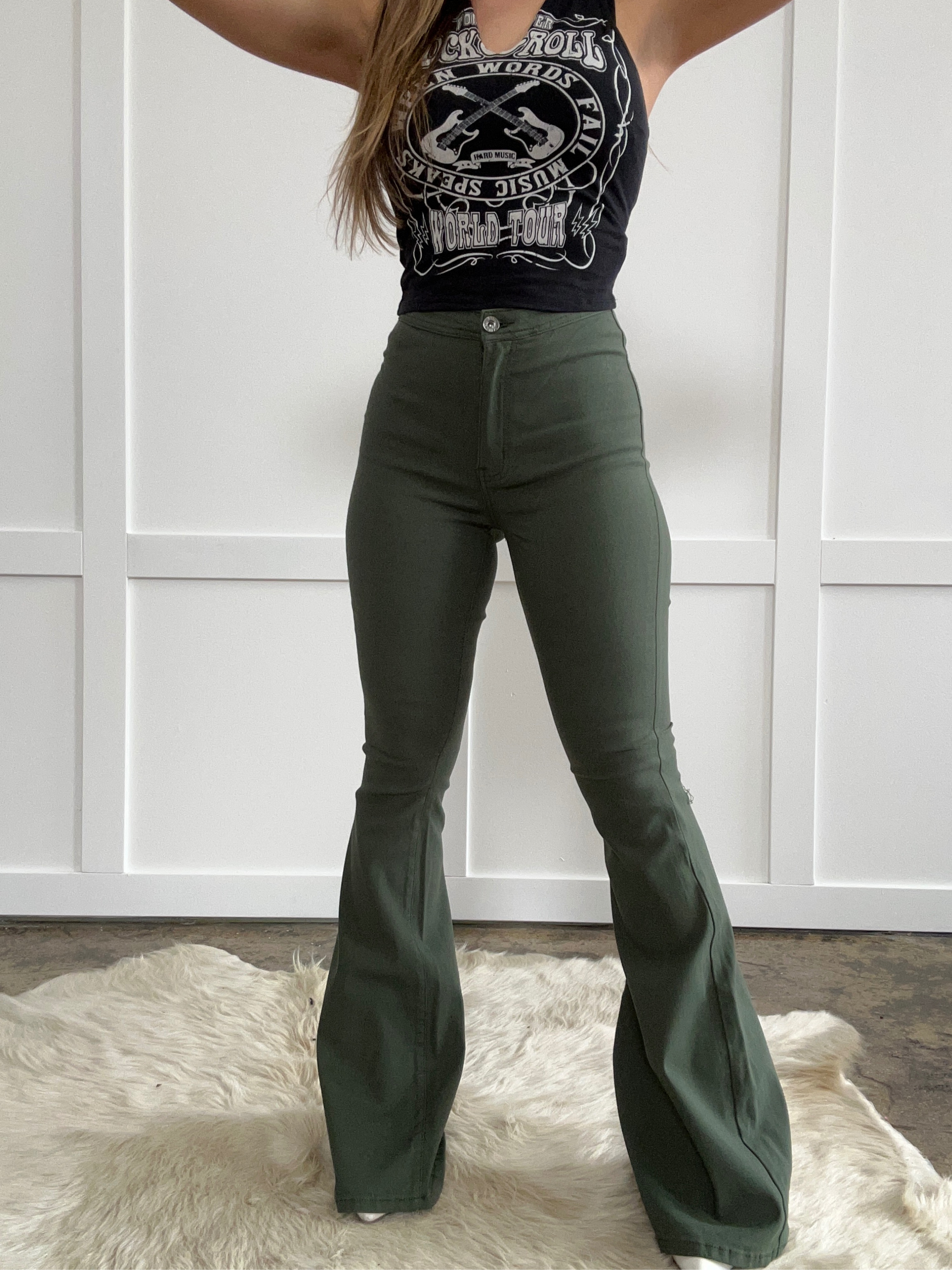Buy our "Fiona High Waisted Bell Bottom Flare Jeans - Olive" online – Willow Boutique Clothing. Shop stylish Fiona High Waisted Bell Bottom Flare Jeans - Olive today.
