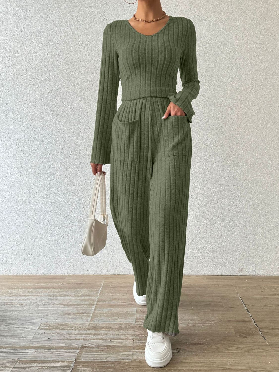 PREORDER: Megan Ribbed V-Neck Long Sleeve Top and Pocketed Pants Set