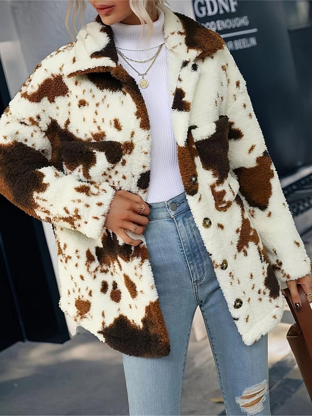 PREORDER: Cow Print Collared Neck Button Up Fuzzy Jacket