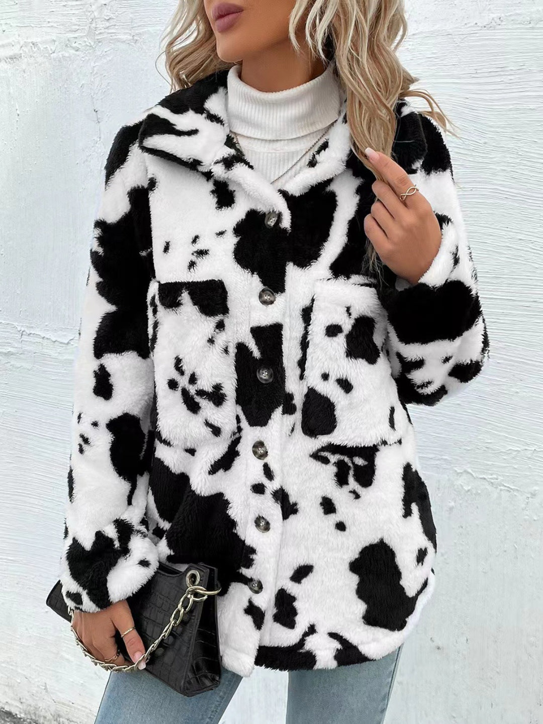 PREORDER: Cow Print Collared Neck Button Up Fuzzy Jacket