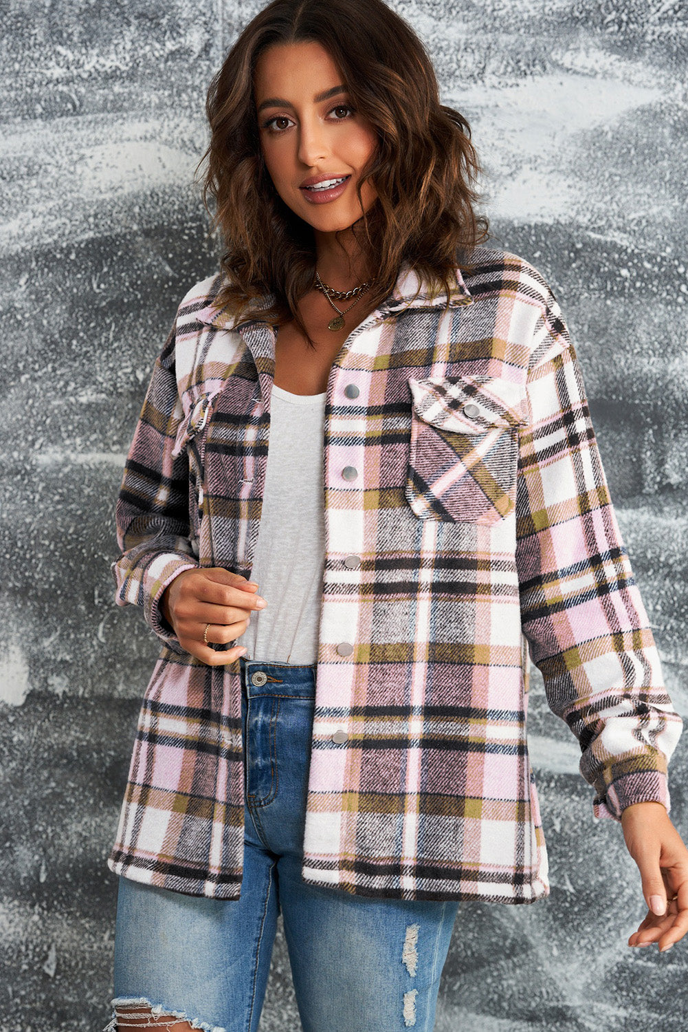 PREORDER: Aspen Plaid Button Front Shirt Jacket with Breast Pockets