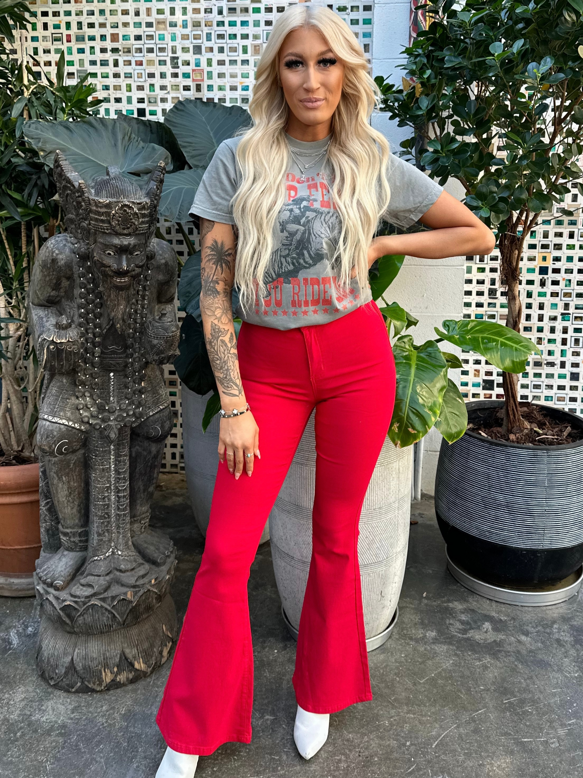 Buy our "Fiona High Waisted Bell Bottom Flare Jeans - Red" online – Willow Boutique Clothing. Shop stylish Fiona High Waisted Bell Bottom Flare Jeans - Red today.