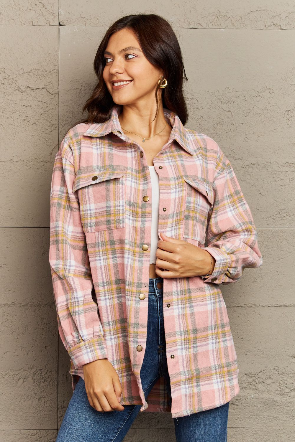 PREORDER: Devlin Full Size Plaid Collared Neck Button-Down Long Sleeve Jacket