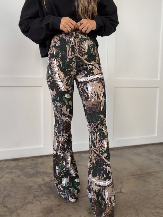 Fiona High Waisted Bell Bottom Flare Jeans - Camo