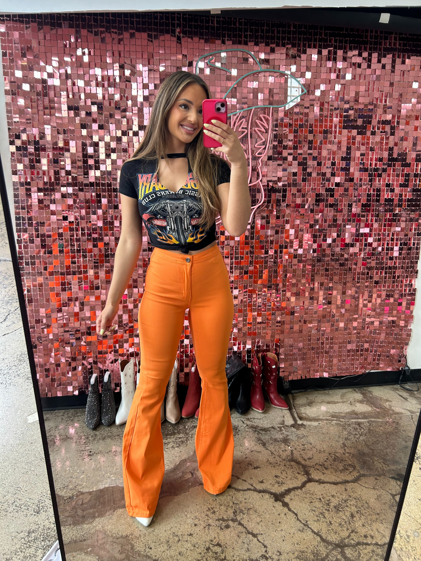 Buy our "Fiona High Waisted Bell Bottom Flare Jeans - Orange" online – Willow Boutique Clothing. Shop stylish Fiona High Waisted Bell Bottom Flare Jeans - Orange today.
