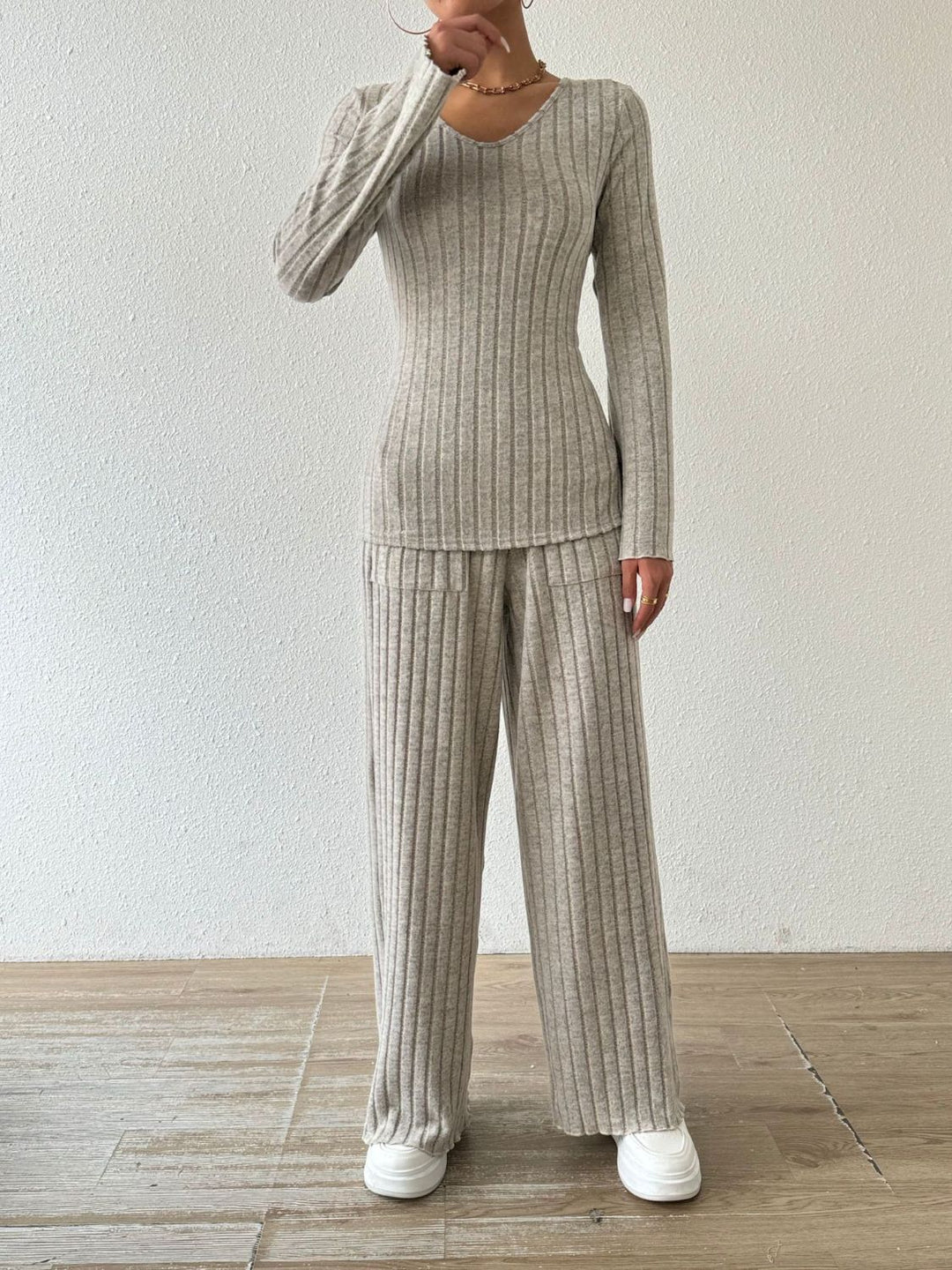 PREORDER: Megan Ribbed V-Neck Long Sleeve Top and Pocketed Pants Set