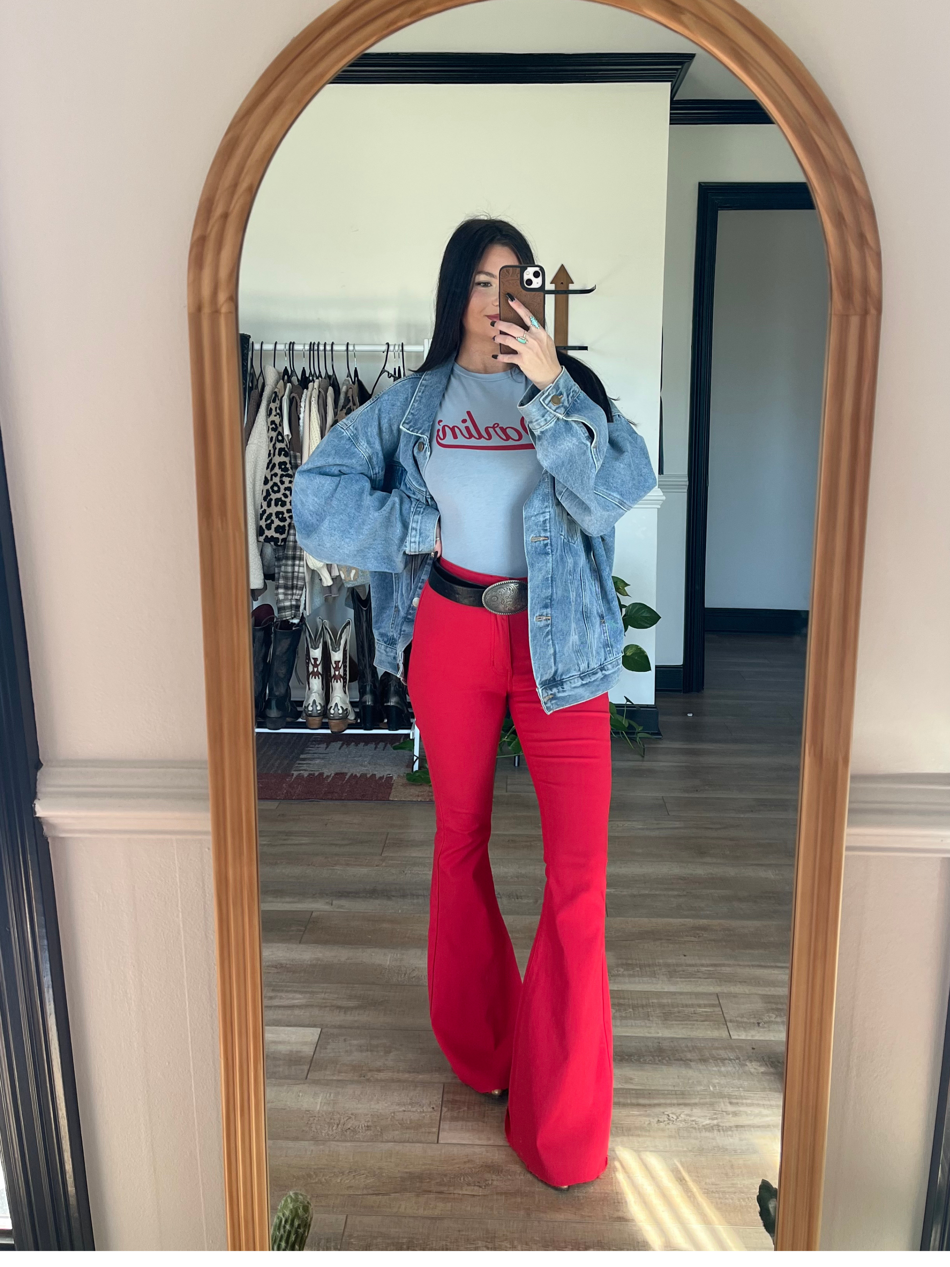 Buy our "Fiona High Waisted Bell Bottom Flare Jeans - Red" online – Willow Boutique Clothing. Shop stylish Fiona High Waisted Bell Bottom Flare Jeans - Red today.