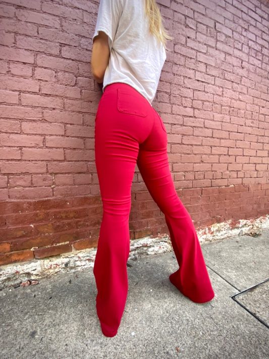 Buy our "Fiona High Waisted Bell Bottom Flare Jeans - Red" online – Willow Boutique Clothing. Shop stylish Fiona High Waisted Bell Bottom Flare Jeans - Red today.