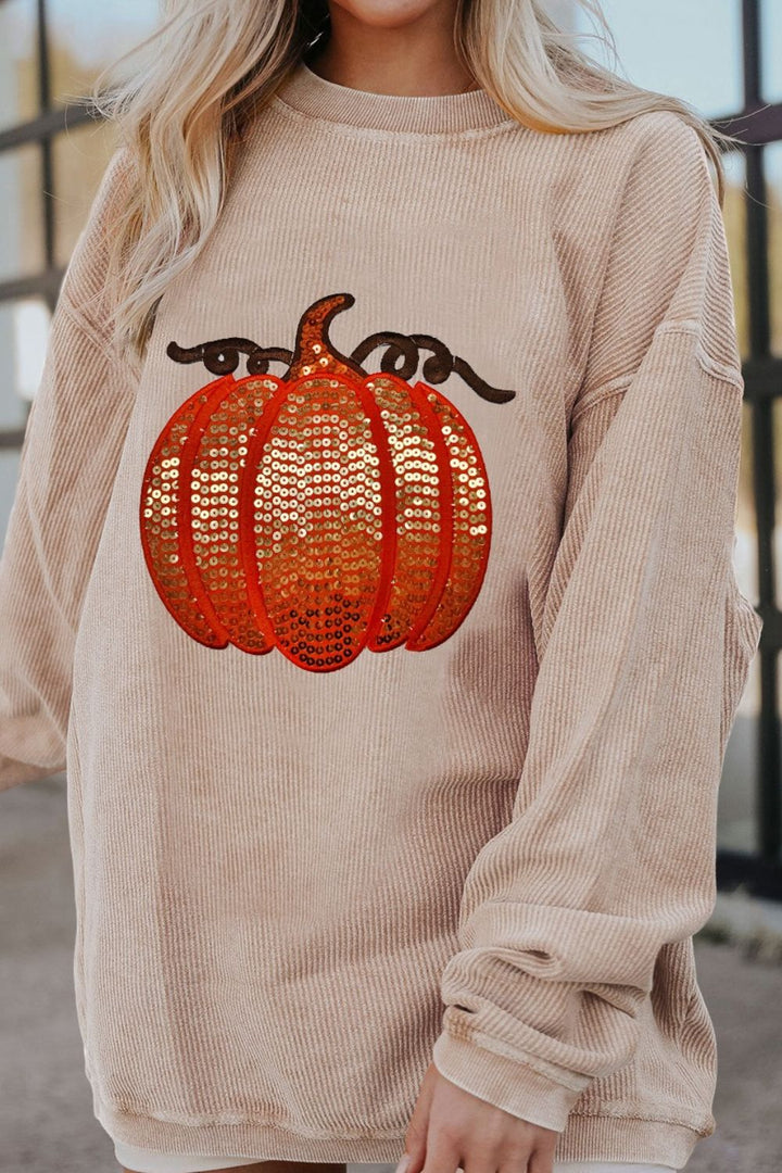 PREORDER: Trick Or Treat Sequin Pumpkin Round Neck Long Sleeve Sweatshirt