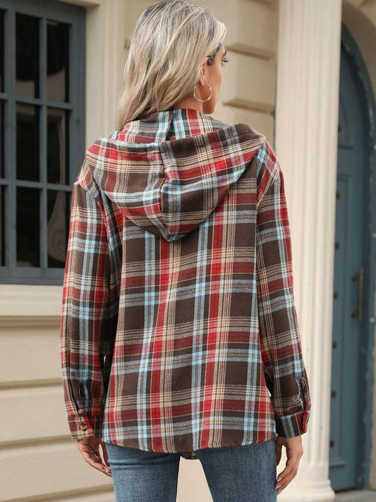PREORDER: Darcy Drawstring Plaid Hooded Long Sleeve Top